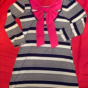Newbury kustom navy blue&white striped shirt with pink bow on the back